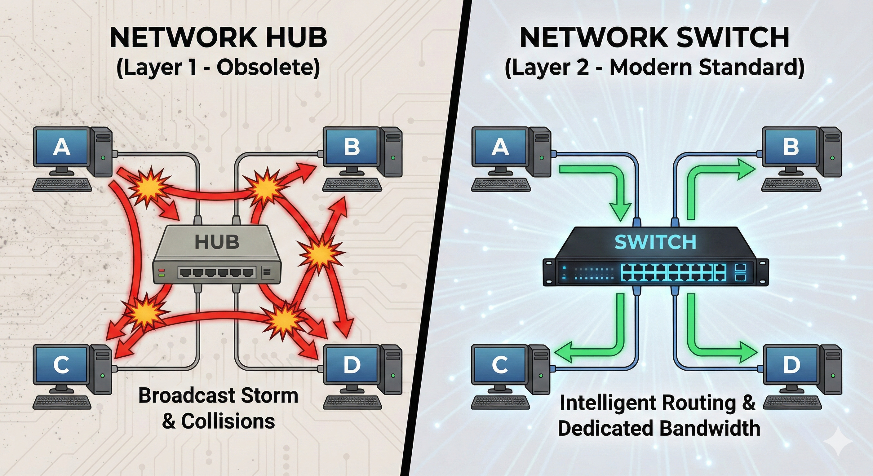 Infographic diagram comparing a Network Hub creating broadcast storms with red colliding arrows versus a Network Switch creating clean, green, direct connections between devices.